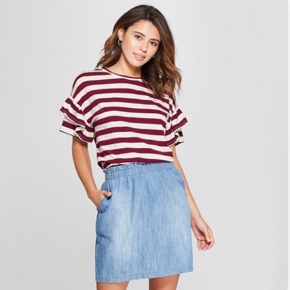 Universal Thread Tops - UNIVERSAL THREAD-Maroon Stripped Ruffle Sleeve Top